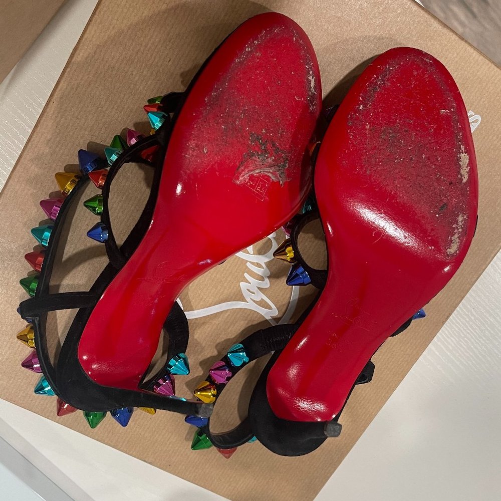 CHRISTIAN LOUBOUTIN Spikita 100 mm black and rainbow suede sandal heels - Picture 3 of 7